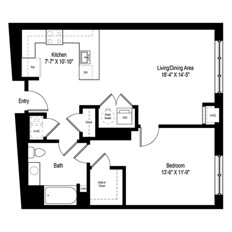 Floor plan for 1 bed, 1 bath, 861 sqft